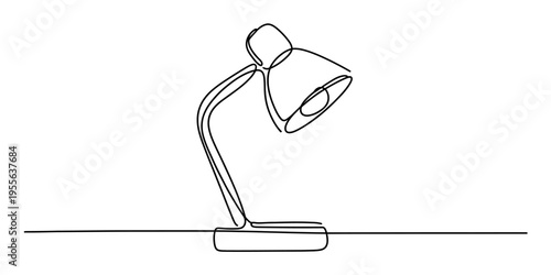 A minimalist continuous single line drawing illustration of a modern desk lamp on a flat surface Vector, illustration