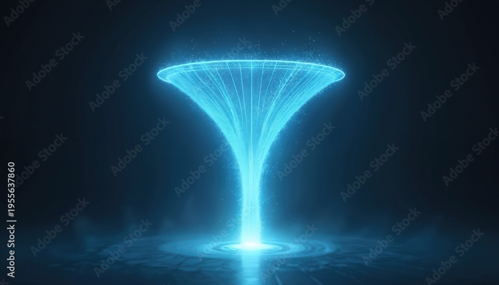Fototapeta premium Blue glowing light funnel effect. Abstract vortex and energy flow. Digital art and futuristic design. Technology background with bright illumination and particles.