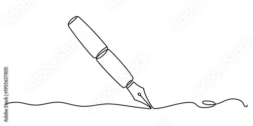 A single continuous line drawing of a fountain pen creating a flowing stroke on a white background Vector, illustration