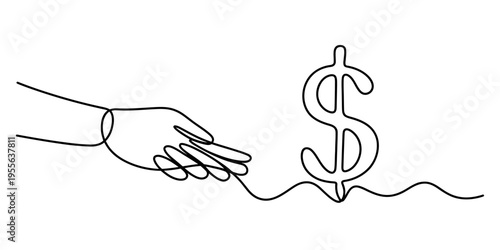 A continuous line drawing of a human hand reaching out toward a dollar sign symbol on white background