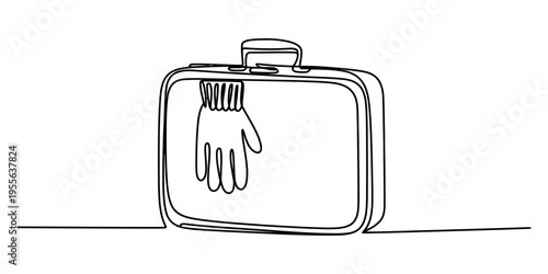 A single continuous line drawing of a simple travel suitcase containing a warm winter glove inside