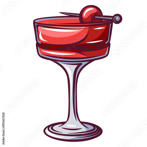 Manhattan cocktail in coupe glass with red drink and cherry garnish on pick in retro style. Bar menu, evening drink card and cocktail design with manhattan, vector illustration
