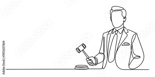 Continuous line drawing of a professional judge holding a wooden gavel in a courtroom setting