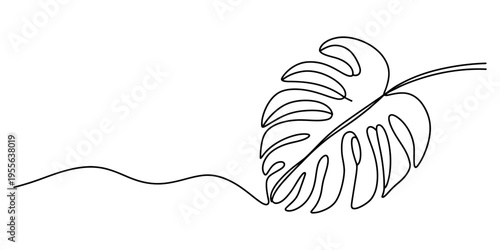 Minimalist continuous line drawing of a tropical monstera leaf on a clean white background design
