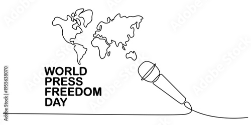 A single continuous line drawing featuring a world map and a microphone for world press freedom day Vector, illustration