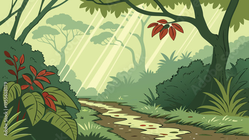 lush tropical forest landscapes with sunbeams and winding paths in flat vector style
