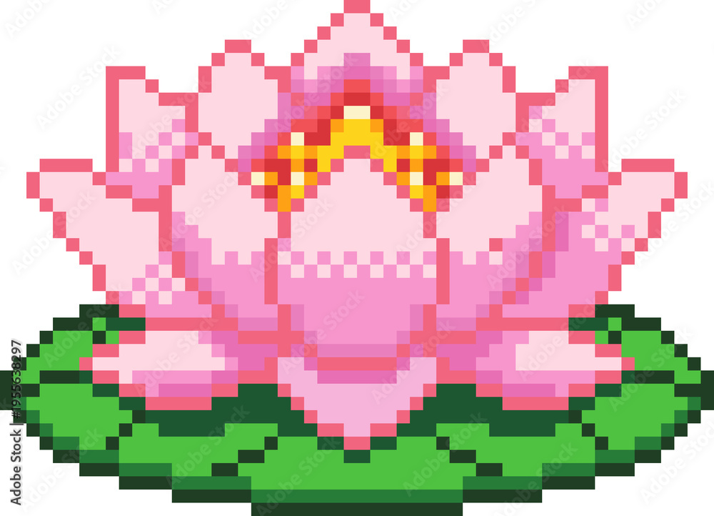 Fototapeta premium Pixel Art Lotus Flower Icon, Pink Water Lily Pixel Illustration