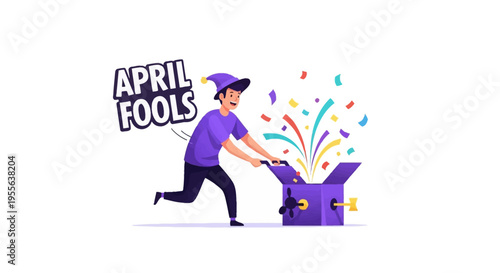 A man in a purple outfit runs with a surprised expression, pulling open a colorful confetti-filled box on April Fools' Day with a joyful and playful mood