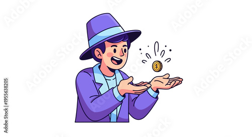 A cheerful cartoon man in a purple hat and jacket holds a gold coin with a surprised expression on his face, conveying a joyful and playful mood with colorful illustration design elements