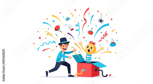 A cartoon man in a blue shirt and black hat pulls out a surprised yellow character from a red gift box with colorful confetti and balloons on April Fools' Day, conveying a joyful