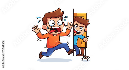 Cartoon illustration of a man shocked by a spider running away from a woman holding a door open with a surprised expression on a white background