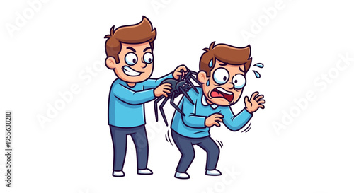 Cartoon illustration of two men in blue shirts with one man surprising the other with a spider on his back in a funny prank on April Fools' Day with colorful design elements