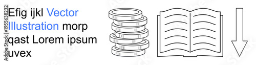 Finance, knowledge, learning, economy, analysis, trends. Stack of coins, open book downward arrow in minimal line art. Finance and knowledge with economic insights