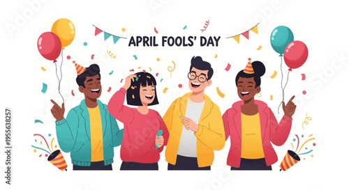 Colorful illustration of three happy people celebrating April Fools' Day with balloons and confetti in a joyful and playful scene