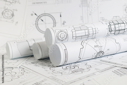 paper engineering drawings of industrial parts and mechanisms