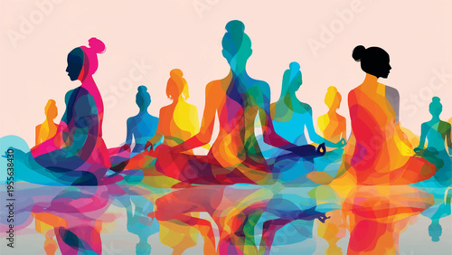 Meditating people in colorful yoga poses with reflections on water surface at serene environment