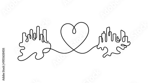 Map with Heart Spanning Two Cities Continuous Single Line Minimalist Long Distance Heart Line Art Illustration