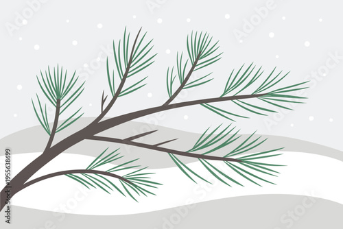Pine tree branch with snow and hills in background
