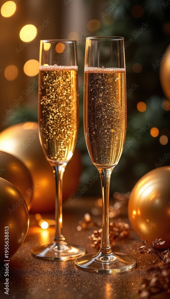 Obraz premium Two champagne glasses filled with bubbly golden liquid sit on a sparkling surface with blurred festive lights and golden spheres. Celebrate happy new year, anniversary or special event with friends.