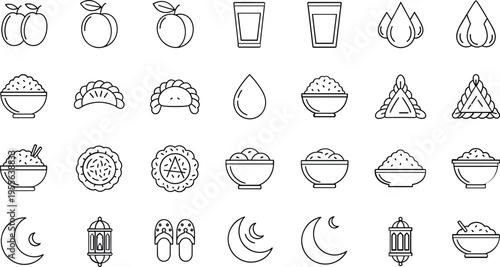 Ramadan food and Islamic icon set featuring dates, sweets, lanterns, crescent moon, drinks and traditional iftar meal symbols