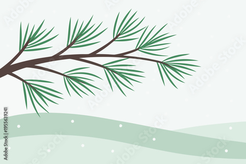 Pine tree branch with green hills and snowflakes