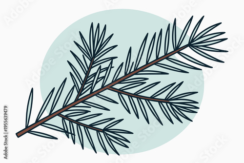 Pine tree branch with green circle on white background nature simple