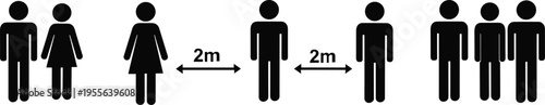 Social distancing guideline icon showing people maintaining two meter distance for safety, public health and infection prevention concept