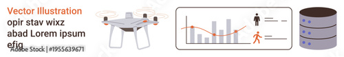 Technology, data analytics, cloud storage, quadcopter surveillance, innovation, big data management. A Quadcopter, data graph and cloud server icons. Technology and data analytics in modern use