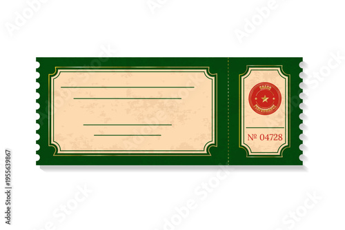 Vintage  ticket template  isolated on transparent background. Retro  coupon.Decorative element for cinema, party, event, festival.Realistic template in green and beige colours. Vector  illustration.