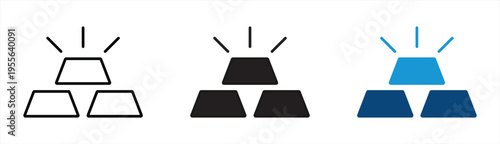 Gold bar icons set in outline and solid fill with shining effect