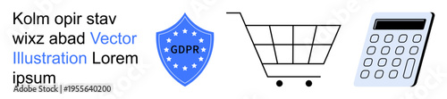 Data protection, e-commerce, finance, online privacy, GDPR compliance, business tools. Blue GDPR shield, shopping cart and calculator visuals. Data protection and e-commerce concepts