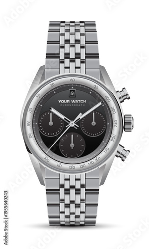 Realistic watch clock chronograph stainless steel black dashboard design luxury fashion object for men on white background vector