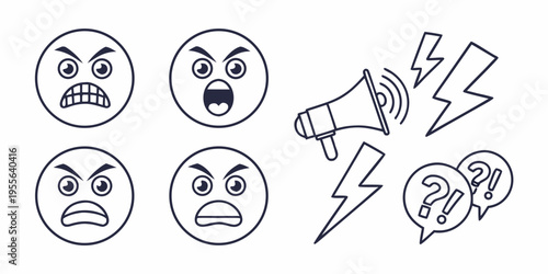 Angry faces and megaphone loudspeaker emoticons expressions