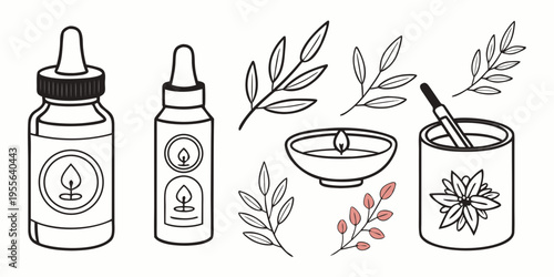 Aromatherapy and essential oil bottles with herbs leaves
