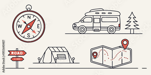 Camping and travel with map and compass tent