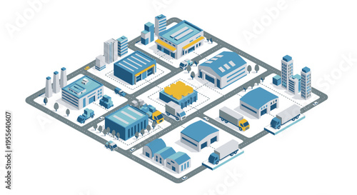 Isometric industrial city landscape showcasing factories, warehouses, logistic centers, roads with trucks, and commercial buildings on an isolated white background.