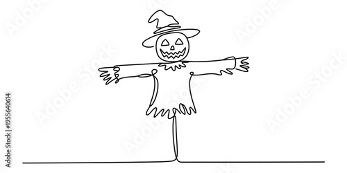 A continuous line drawing of a spooky halloween scarecrow wearing a witch hat on white background Vector, illustration