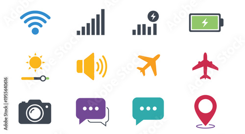 Collection of modern mobile interface and application icons including wireless, signal strength, sun, sound, camera, chat bubbles, airplane, and location pin on an isolated white background.