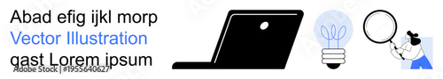 Technology, innovation, creativity, problem-solving, research, design thinking. A laptop, lightbulb and a detective with a magnifying glass. Innovation and research concept with focus on