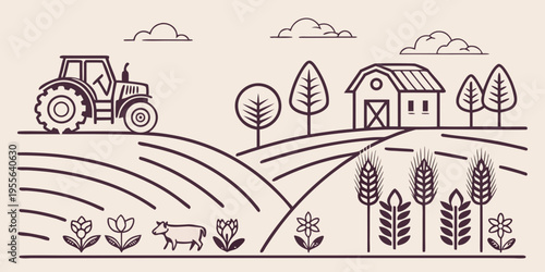 Farm scene with tractor, barn, and fields on beige background agriculture