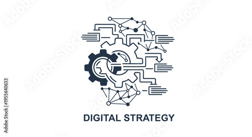 Digital strategy concept icon featuring a central gear connected by intricate circuit lines, symbolizing technology integration and strategic thinking on an isolated white background.