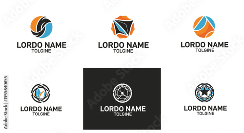 Collection of six modern circular logo designs with abstract elements and text placeholders, presented on both white and dark backgrounds for branding versatility.