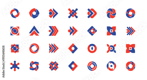 Collection of abstract logo elements and geometric icons including circles, arrows, stars, and other modern shapes in red and blue colors on an isolated white background.