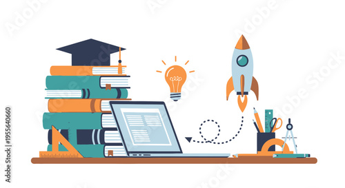 Education and Startup Concept with Books, Laptop, Graduation Cap, and Rocket Launch, on a desk in bright studio.