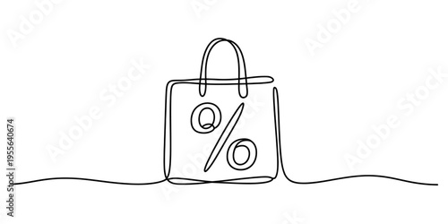 A single continuous line drawing of a shopping bag featuring a percentage symbol on the front side Vector, illustration