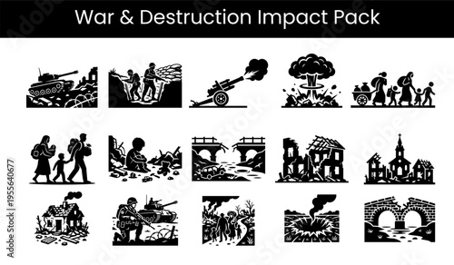 Collection of war and destruction scene pack representing military actions and consequences