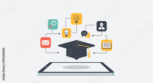 Online education and e-learning concept with a graduation cap on a tablet screen, surrounded by chat bubbles, books, and a lightbulb, on a light gray studio background.