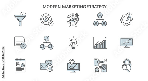 Collection of modern marketing strategy and digital business line icons, vector illustration on light background.