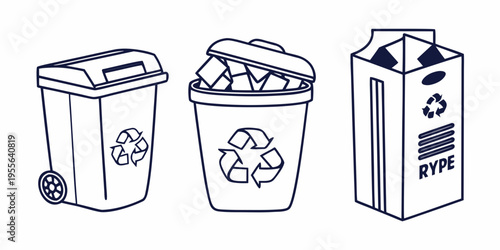 Recycling bins and carton with recycling symbols trash cans recycle