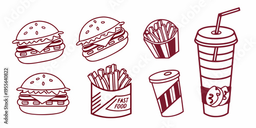 Red line of fast food on white background burger fries soda drink